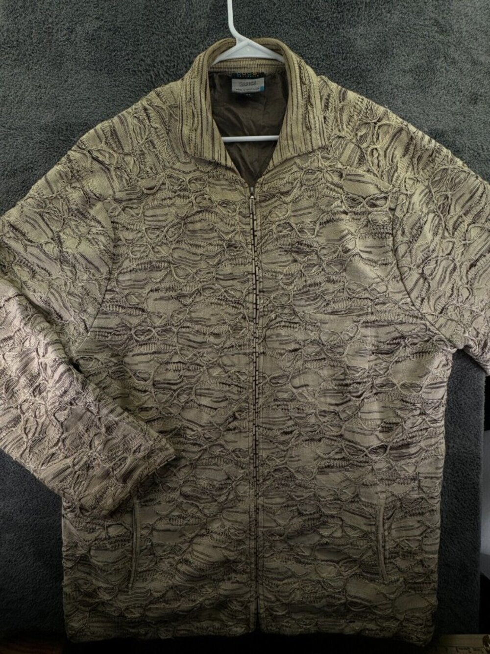 COOGI Sweater Full Zip Lined 4XL Big Beige 3D Knit Designer W/ Pockets Jacket